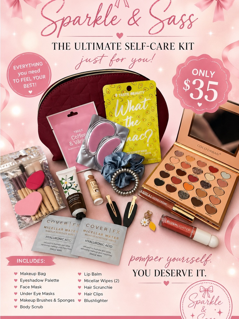 Sparkle & Sass Self-Care Kit - Pink & Rose Gold Makeup Set